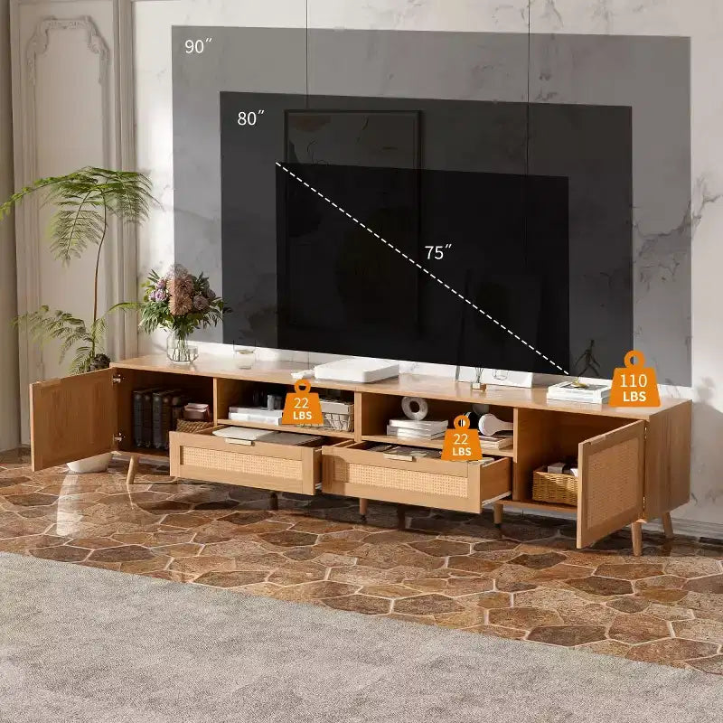 Meuble TV en rotin pour téléviseurs jusqu'à 90 pouces, console multimédia de style Bohème Ferme avec rangements, meuble de divertissement pour salon