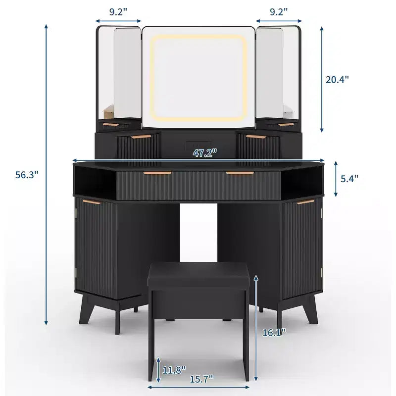 Coiffeuse d'angle avec éclairage, Table de maquillage en bois de 119 cm avec miroir triptyque et plateau en verre, Coiffeuse avec tabouret pour chambre à coucher