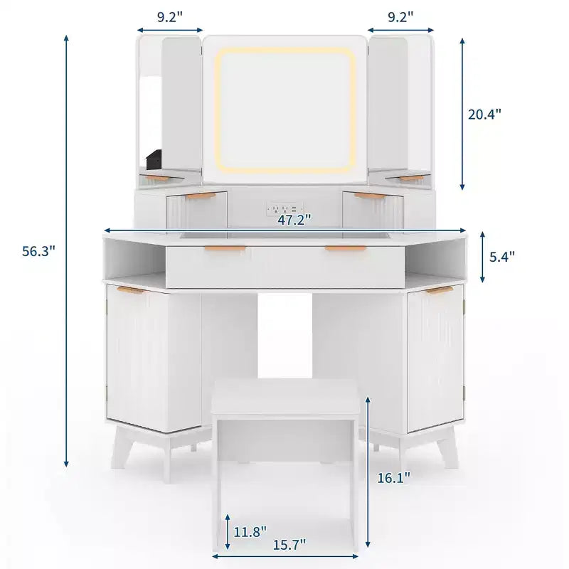 Coiffeuse d'angle avec éclairage, Table de maquillage en bois de 119 cm avec miroir triptyque et plateau en verre, Coiffeuse avec tabouret pour chambre à coucher