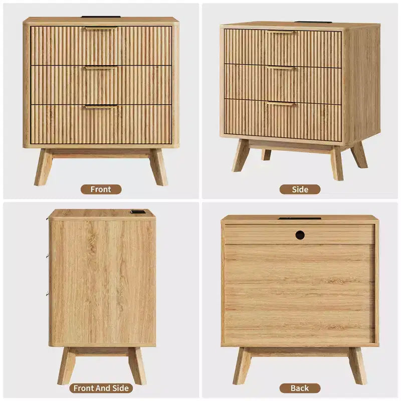 Table de chevet, Table d'appoint de 61 cm avec station de charge et 3 tiroirs, Table de chevet en bois de style moderne du milieu du siècle pour chambre à coucher, Table d'appoint pour salon