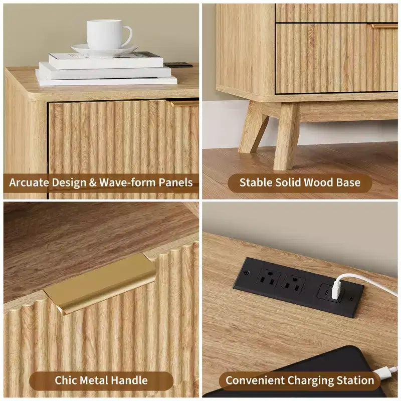 Table de chevet, Table d'appoint de 61 cm avec station de charge et 3 tiroirs, Table de chevet en bois de style moderne du milieu du siècle pour chambre à coucher, Table d'appoint pour salon