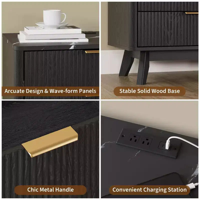 Table de chevet, Table d'appoint de 61 cm avec station de charge et 3 tiroirs, Table de chevet en bois de style moderne du milieu du siècle pour chambre à coucher, Table d'appoint pour salon
