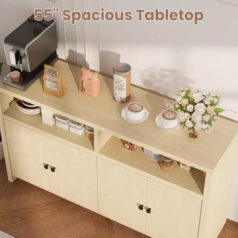 Buffet de ferme 55" – Meuble de bar à café en bois à 4 portes avec étagères réglables pour le rangement de la cuisine, de la salle à manger et du salon