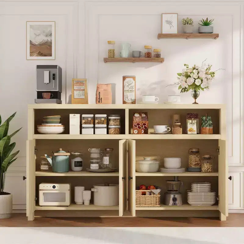 Buffet de ferme 55" – Meuble de bar à café en bois à 4 portes avec étagères réglables pour le rangement de la cuisine, de la salle à manger et du salon