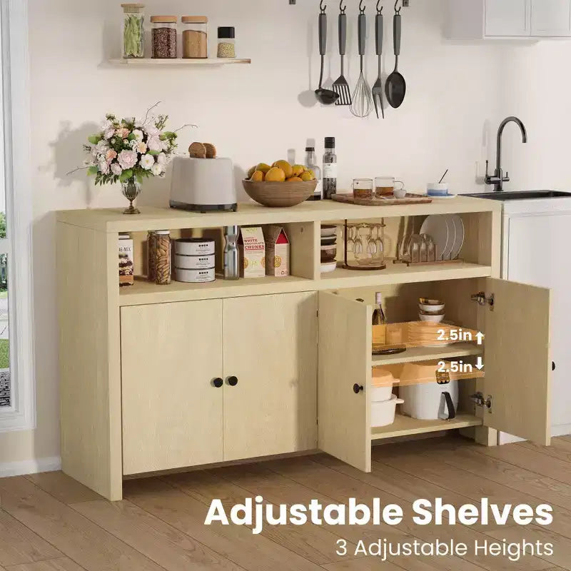 Buffet de ferme 55" – Meuble de bar à café en bois à 4 portes avec étagères réglables pour le rangement de la cuisine, de la salle à manger et du salon