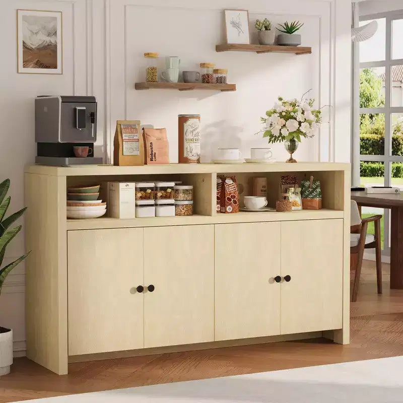 Buffet de ferme 55" – Meuble de bar à café en bois à 4 portes avec étagères réglables pour le rangement de la cuisine, de la salle à manger et du salon