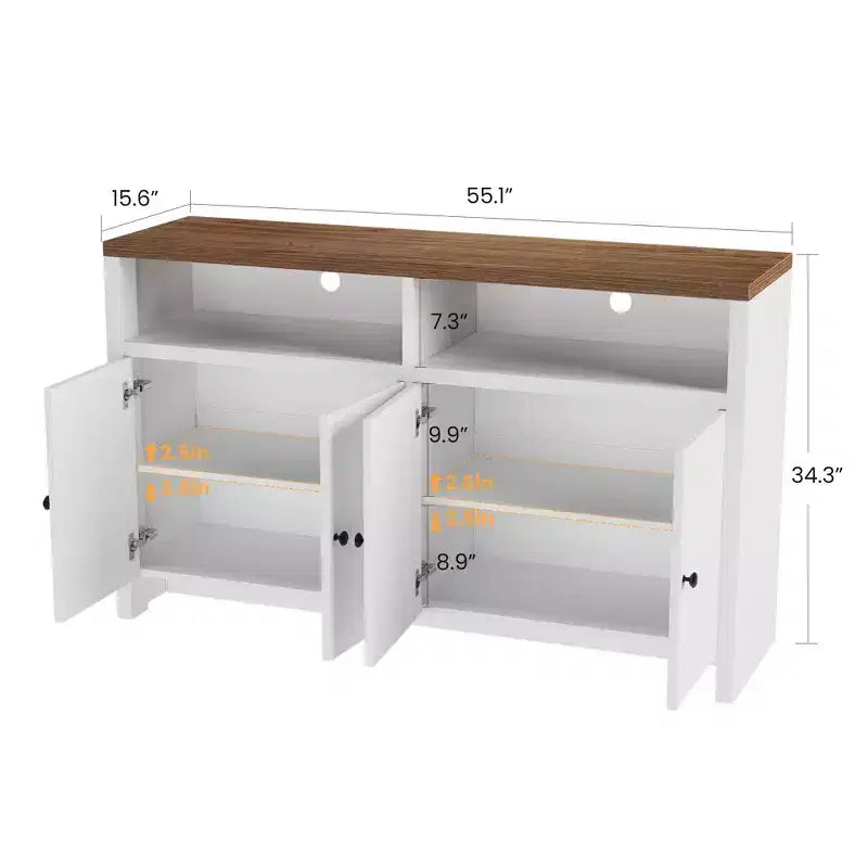 Buffet de ferme 55" – Meuble de bar à café en bois à 4 portes avec étagères réglables pour le rangement de la cuisine, de la salle à manger et du salon