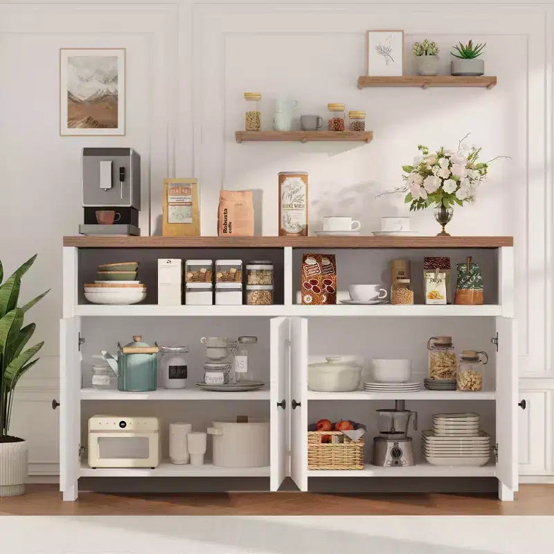 Buffet de ferme 55" – Meuble de bar à café en bois à 4 portes avec étagères réglables pour le rangement de la cuisine, de la salle à manger et du salon