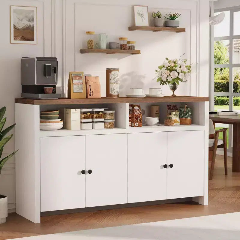Buffet de ferme 55" – Meuble de bar à café en bois à 4 portes avec étagères réglables pour le rangement de la cuisine, de la salle à manger et du salon