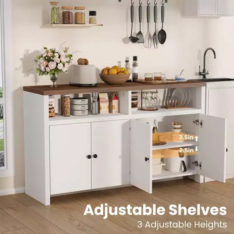 Buffet de ferme 55" – Meuble de bar à café en bois à 4 portes avec étagères réglables pour le rangement de la cuisine, de la salle à manger et du salon