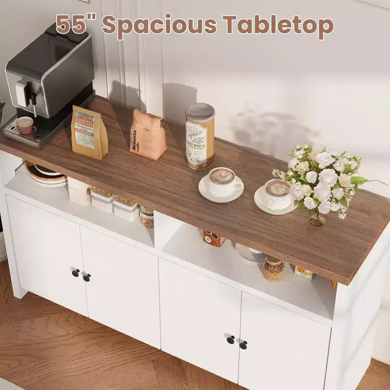 Buffet de ferme 55" – Meuble de bar à café en bois à 4 portes avec étagères réglables pour le rangement de la cuisine, de la salle à manger et du salon