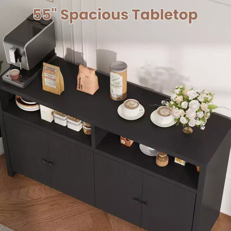 Buffet de ferme 55" – Meuble de bar à café en bois à 4 portes avec étagères réglables pour le rangement de la cuisine, de la salle à manger et du salon