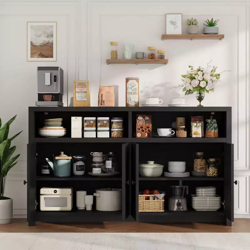 Buffet de ferme 55" – Meuble de bar à café en bois à 4 portes avec étagères réglables pour le rangement de la cuisine, de la salle à manger et du salon