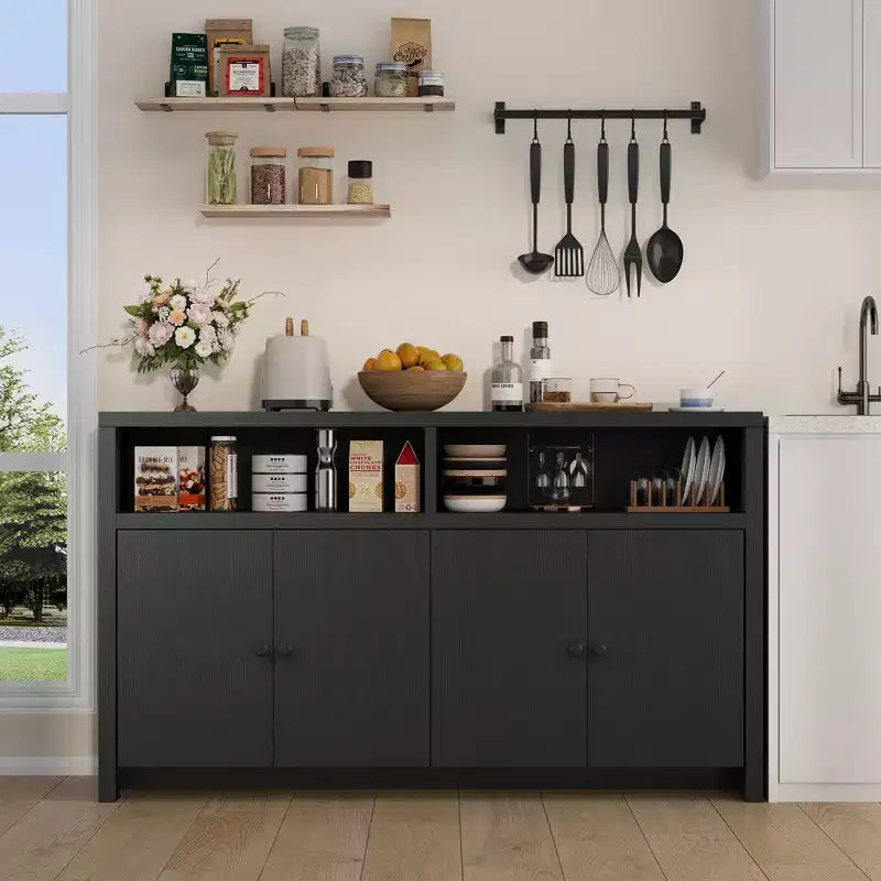 55 Farmhouse Buffet Sideboard - 4-Door Wood Coffee Bar Cabinet w/ Adjustable Shelves for Kitchen, Dining & Living Room Storage