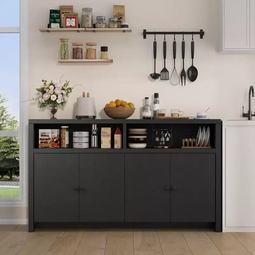 55 Farmhouse Buffet Sideboard - 4-Door Wood Coffee Bar Cabinet w/ Adjustable Shelves for Kitchen, Dining & Living Room Storage