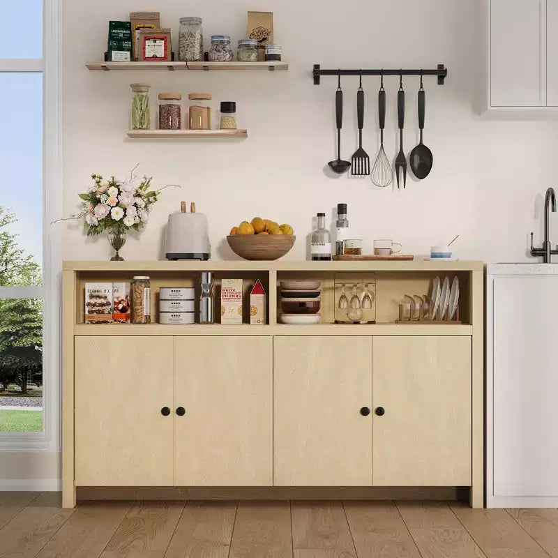 Buffet de ferme 55" – Meuble de bar à café en bois à 4 portes avec étagères réglables pour le rangement de la cuisine, de la salle à manger et du salon