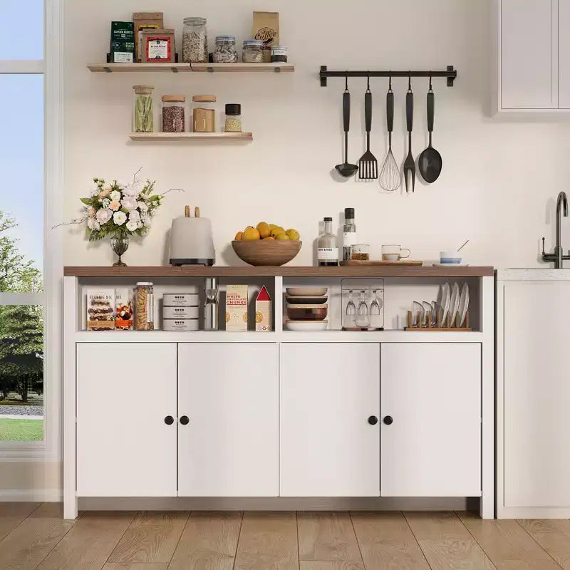 Buffet de ferme 55" – Meuble de bar à café en bois à 4 portes avec étagères réglables pour le rangement de la cuisine, de la salle à manger et du salon