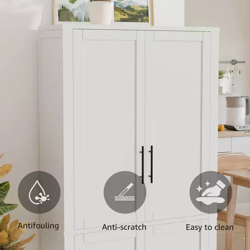 Meuble de rangement autoportant à 4 portes en bois grainé blanc avec portes en bois massif pour salon