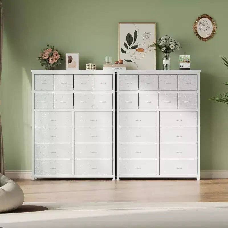 Commode Haute pour Chambre à Coucher, Commode à 16 Tiroirs, Meuble de Rangement en Tissu pour Chambre à Coucher, Salon, Blanc