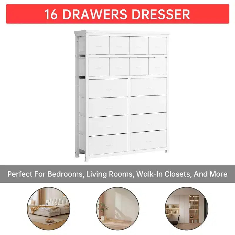 Commode Haute pour Chambre à Coucher, Commode à 16 Tiroirs, Meuble de Rangement en Tissu pour Chambre à Coucher, Salon, Blanc