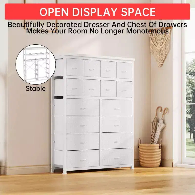 Commode Haute pour Chambre à Coucher, Commode à 16 Tiroirs, Meuble de Rangement en Tissu pour Chambre à Coucher, Salon, Blanc
