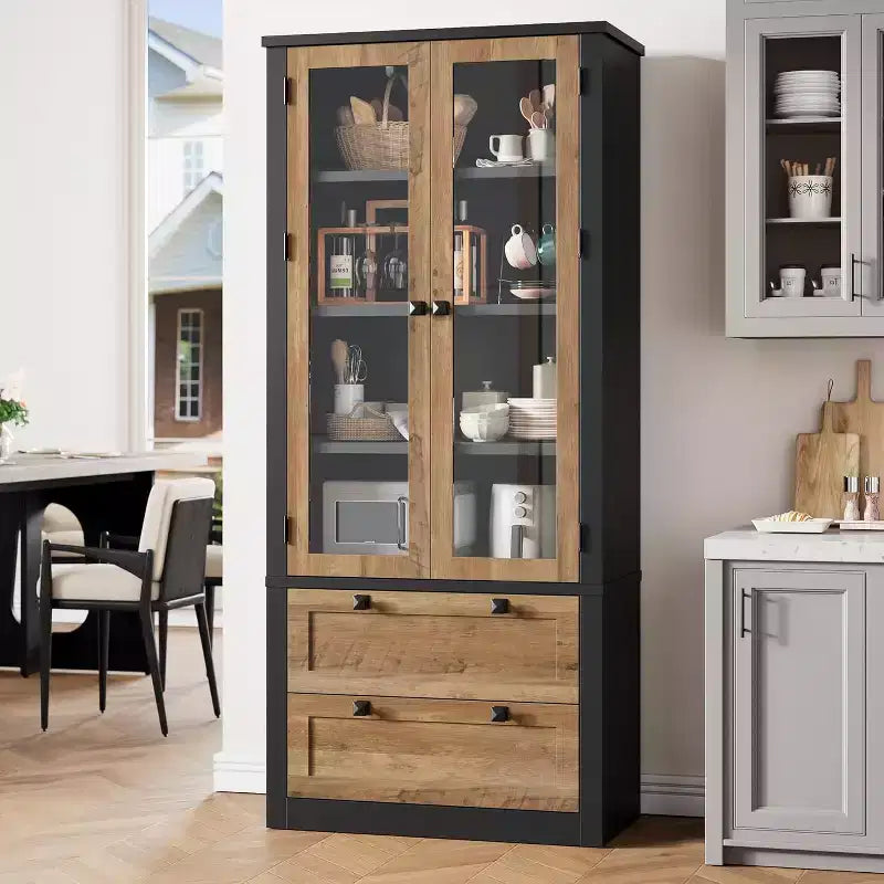 Meuble de rangement pour garde-manger de cuisine de 183 cm, garde-manger de style ferme moderne avec 2 grands tiroirs et étagères réglables, armoire de cuisine autonome pour salle à manger