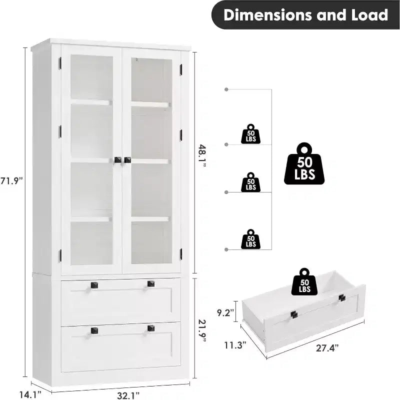Meuble de rangement pour garde-manger de cuisine de 183 cm, garde-manger de style ferme moderne avec 2 grands tiroirs et étagères réglables, armoire de cuisine autonome pour salle à manger