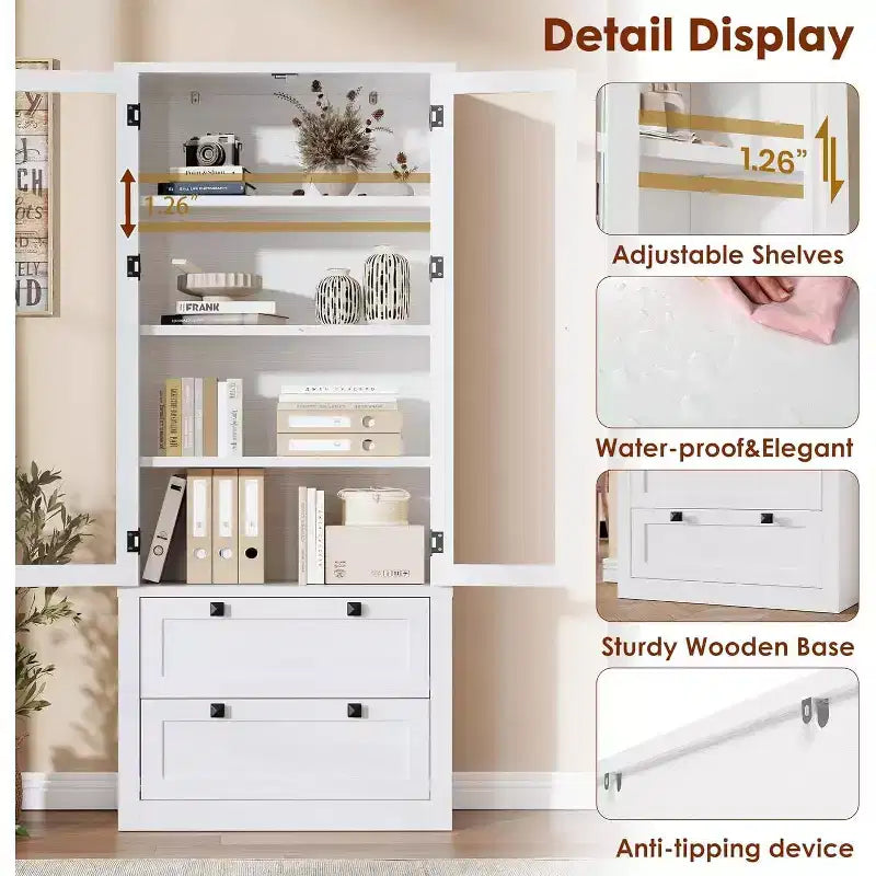 Meuble de rangement pour garde-manger de cuisine de 183 cm, garde-manger de style ferme moderne avec 2 grands tiroirs et étagères réglables, armoire de cuisine autonome pour salle à manger