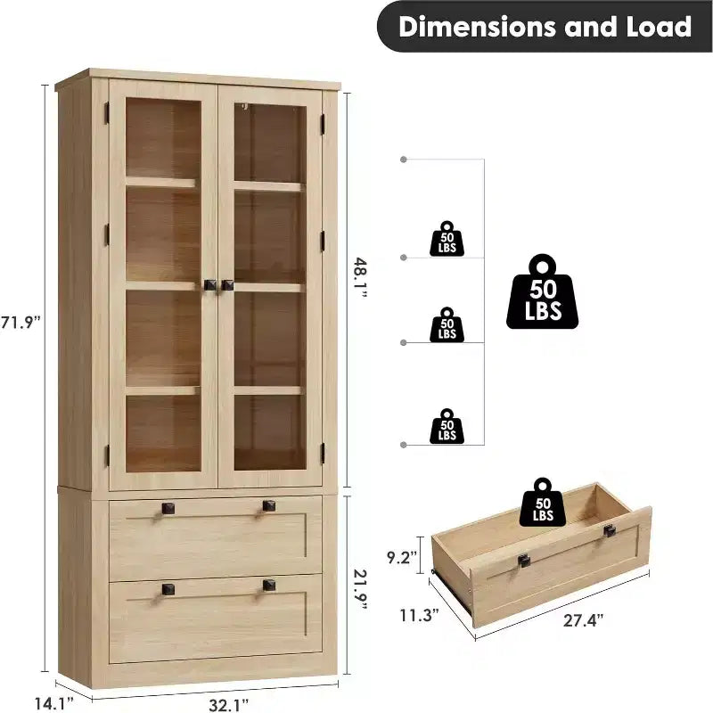 Meuble de rangement pour garde-manger de cuisine de 183 cm, garde-manger de style ferme moderne avec 2 grands tiroirs et étagères réglables, armoire de cuisine autonome pour salle à manger