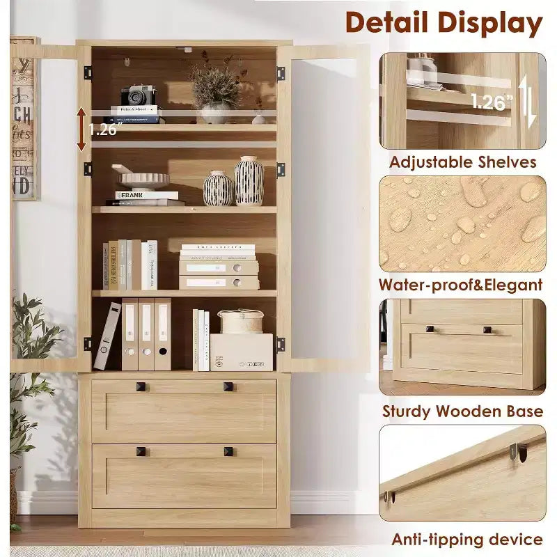 Meuble de rangement pour garde-manger de cuisine de 183 cm, garde-manger de style ferme moderne avec 2 grands tiroirs et étagères réglables, armoire de cuisine autonome pour salle à manger