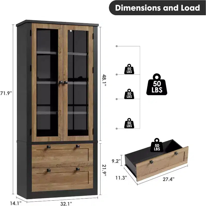 Meuble de rangement pour garde-manger de cuisine de 183 cm, garde-manger de style ferme moderne avec 2 grands tiroirs et étagères réglables, armoire de cuisine autonome pour salle à manger