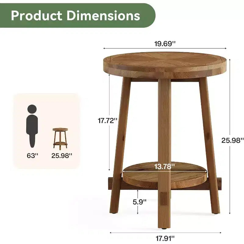Table d'appoint en bois massif pour salon, table d'appoint ronde de style rustique avec 2 niveaux de rangement pour petits espaces, chambre, marron.