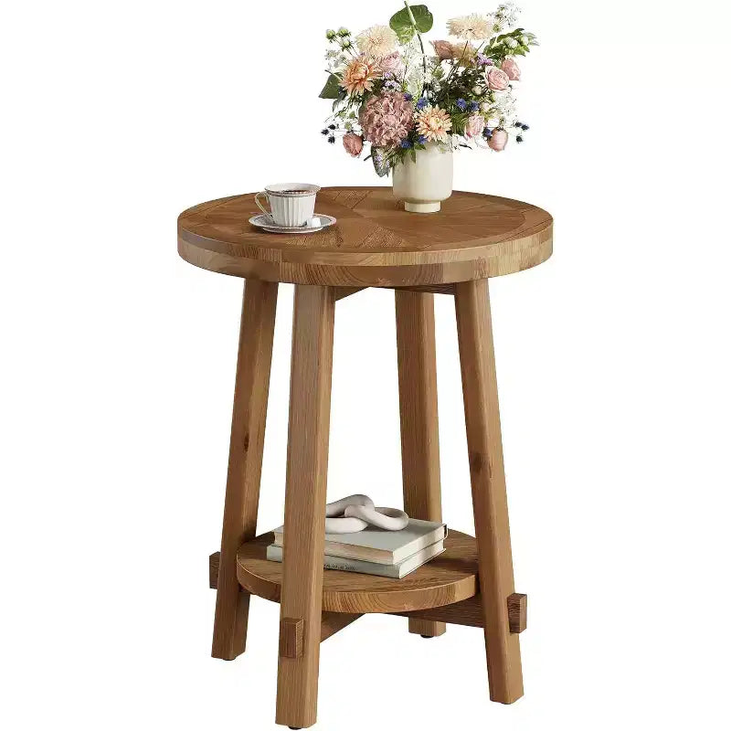 Table d'appoint en bois massif pour salon, table d'appoint ronde de style rustique avec 2 niveaux de rangement pour petits espaces, chambre, marron.