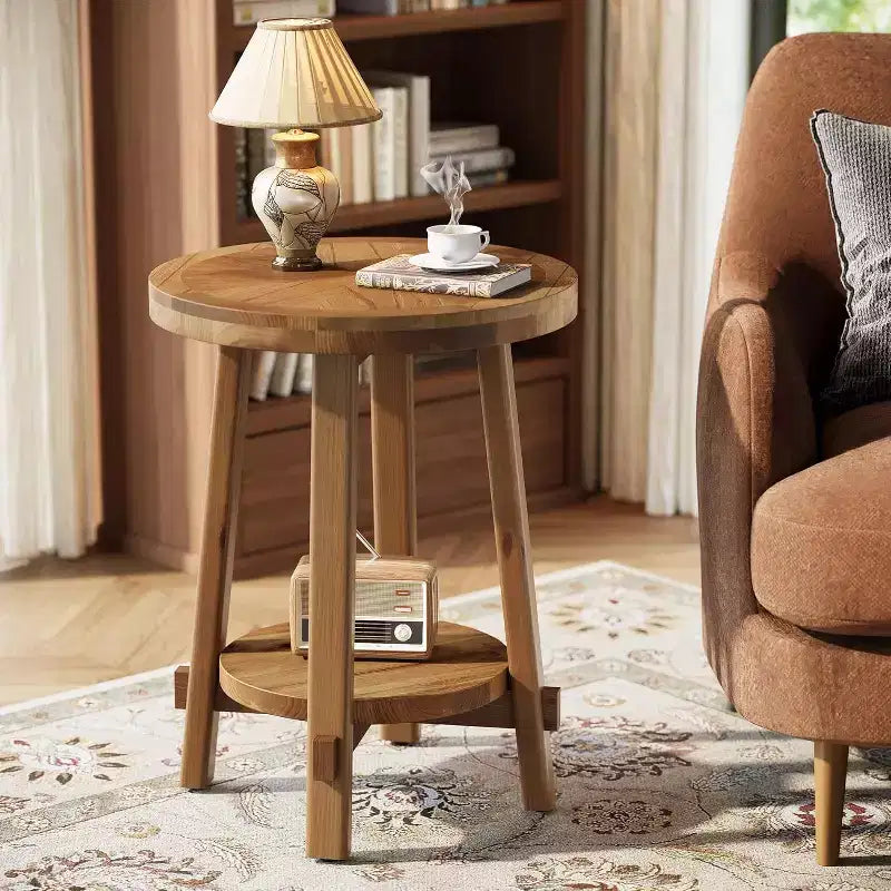Table d'appoint en bois massif pour salon, table d'appoint ronde de style rustique avec 2 niveaux de rangement pour petits espaces, chambre, marron.