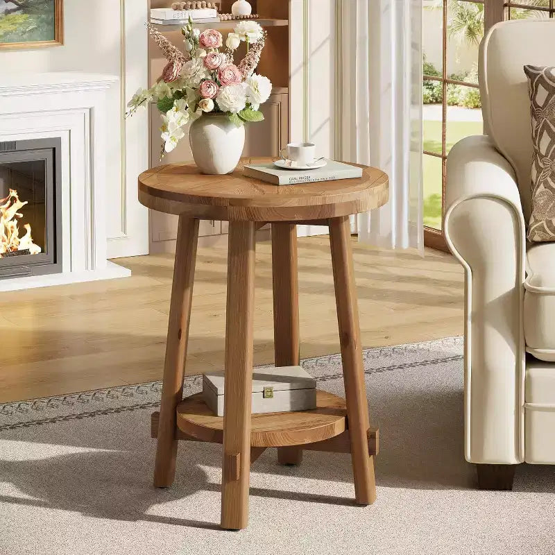 Table d'appoint en bois massif pour salon, table d'appoint ronde de style rustique avec 2 niveaux de rangement pour petits espaces, chambre, marron.