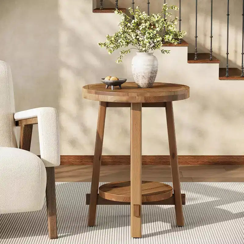 Table d'appoint en bois massif pour salon, table d'appoint ronde de style rustique avec 2 niveaux de rangement pour petits espaces, chambre, marron.