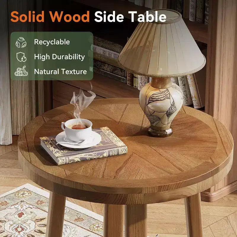 Table d'appoint en bois massif pour salon, table d'appoint ronde de style rustique avec 2 niveaux de rangement pour petits espaces, chambre, marron.