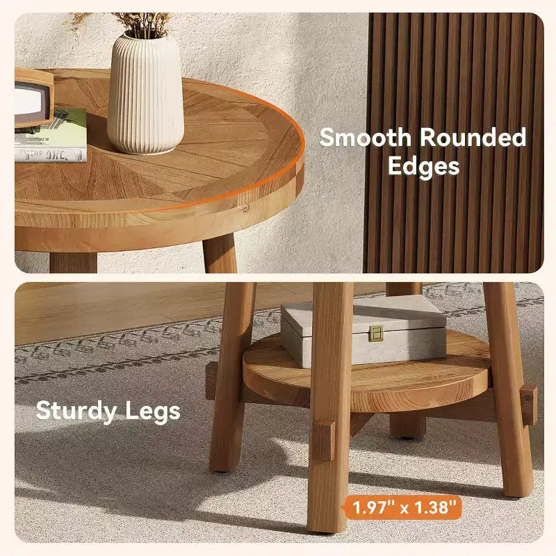 Table d'appoint en bois massif pour salon, table d'appoint ronde de style rustique avec 2 niveaux de rangement pour petits espaces, chambre, marron.