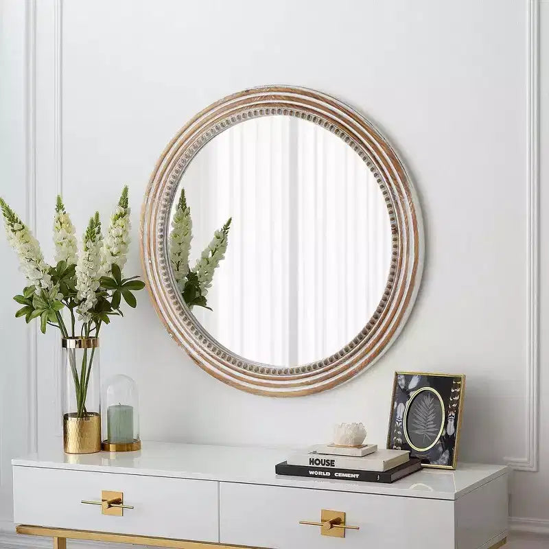 Miroir mural décoratif rond de ferme avec décor perlé, cadre en bois rustique pour la maison - Naturel antique