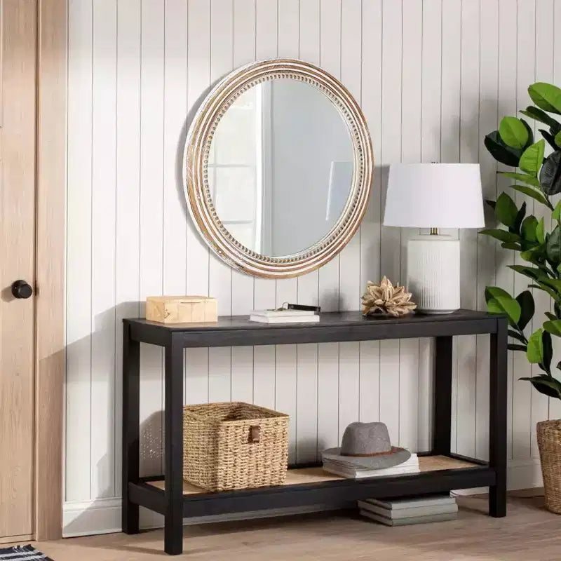 Miroir mural décoratif rond de ferme avec décor perlé, cadre en bois rustique pour la maison - Naturel antique
