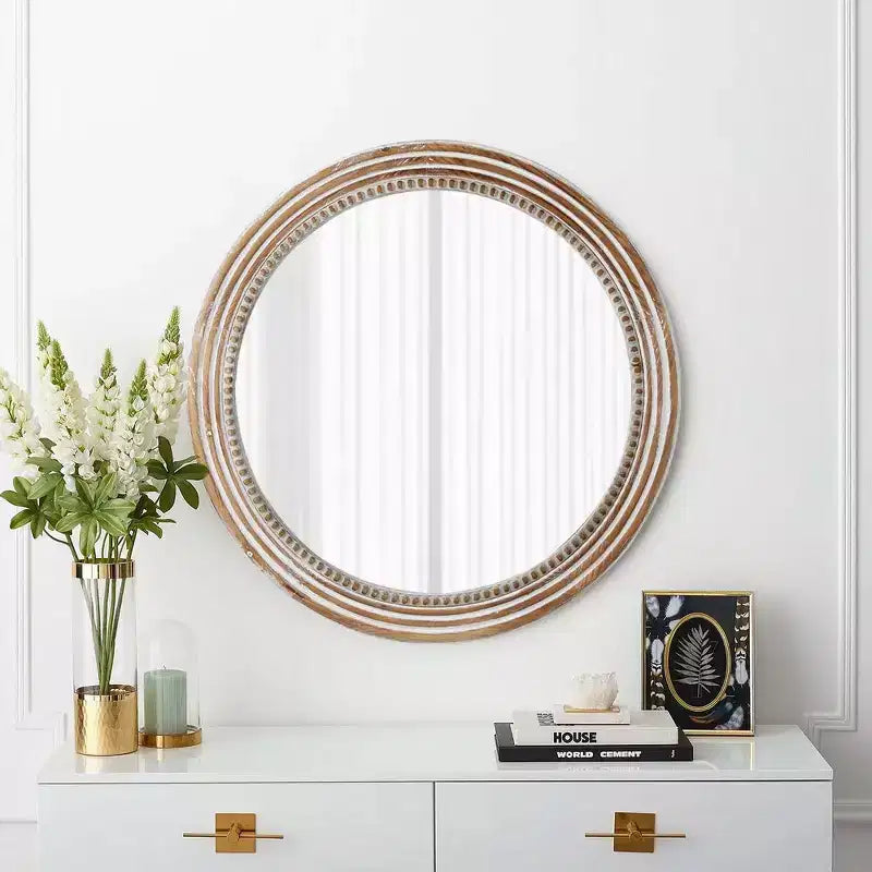 Miroir mural décoratif rond de ferme avec décor perlé, cadre en bois rustique pour la maison - Naturel antique