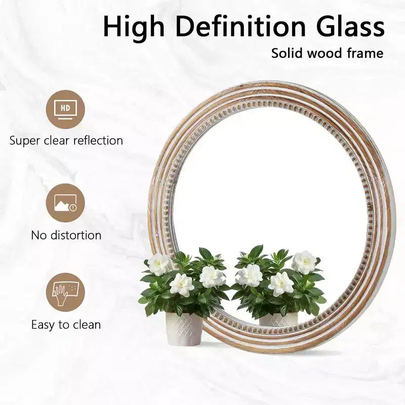 Miroir mural décoratif rond de ferme avec décor perlé, cadre en bois rustique pour la maison - Naturel antique