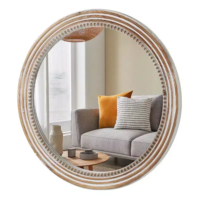 Miroir mural décoratif rond de ferme avec décor perlé, cadre en bois rustique pour la maison - Naturel antique