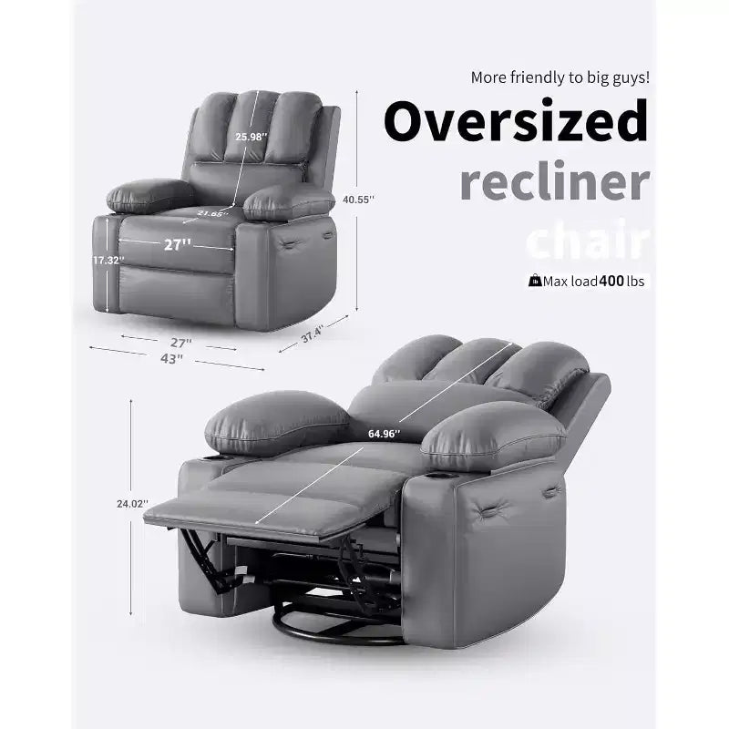 Fauteuil inclinable manuel en cuir surdimensionné, siège inclinable classique avec soutien lombaire et accoudoirs, pour salon, chambre à coucher, chambre de bébé, fauteuil de cinéma maison