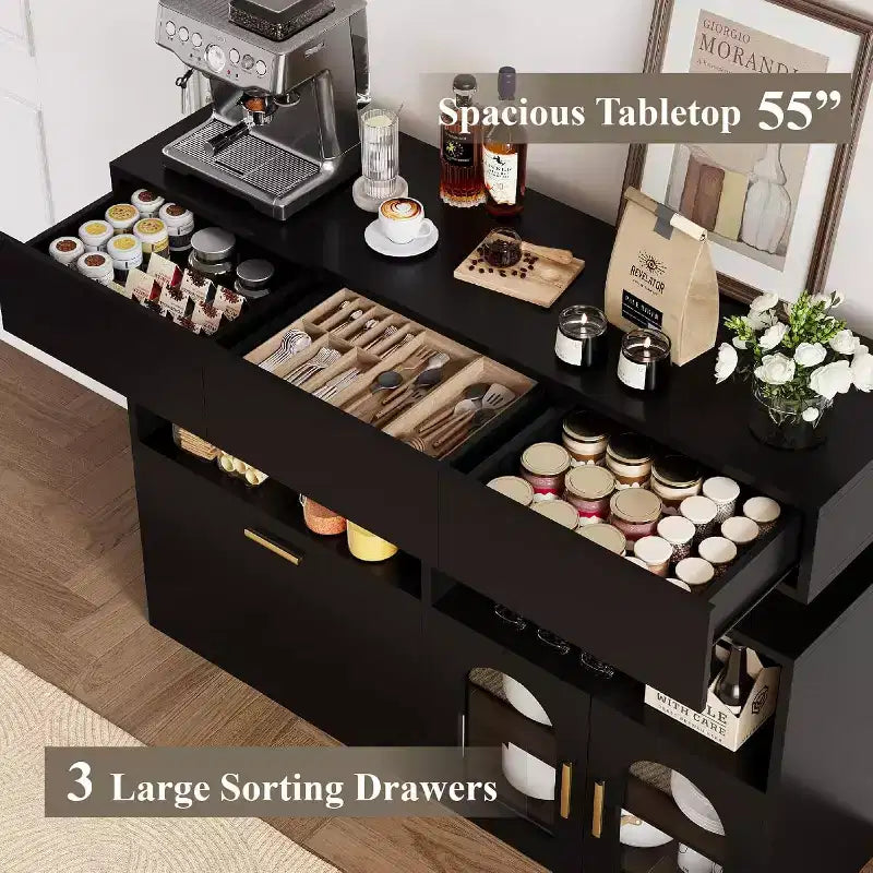 Meuble Bar à Café, 3 Tiroirs, Étagère Réglable, pour Salle à Manger, Salon, Cuisine