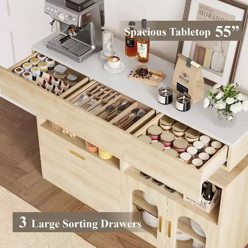 Meuble Bar à Café, 3 Tiroirs, Étagère Réglable, pour Salle à Manger, Salon, Cuisine
