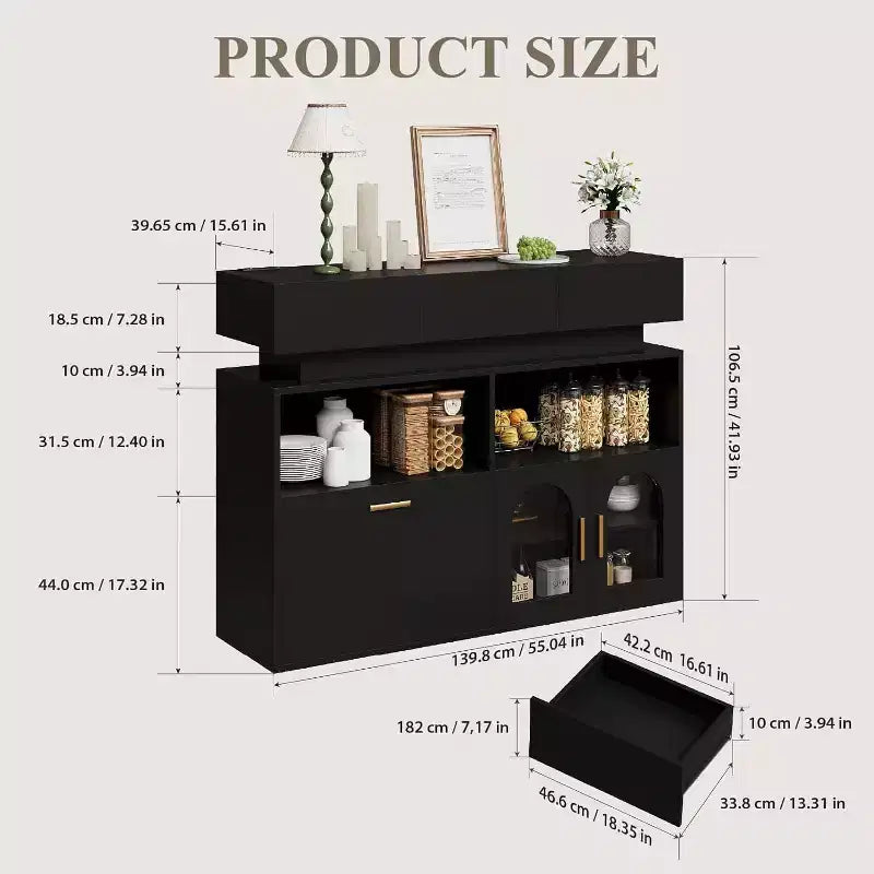 Meuble Bar à Café, 3 Tiroirs, Étagère Réglable, pour Salle à Manger, Salon, Cuisine