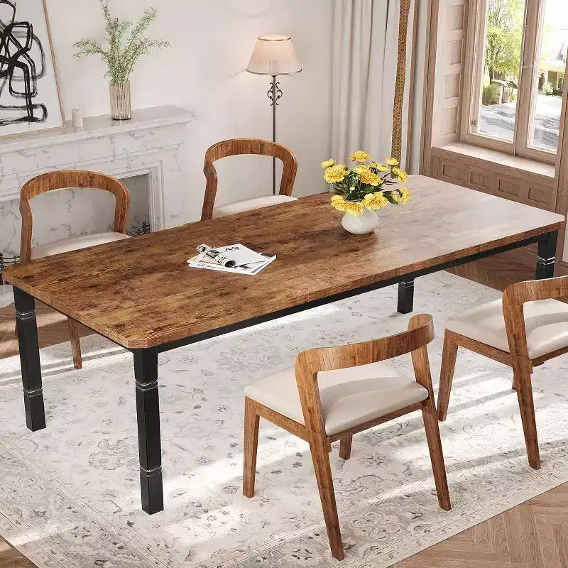 Table à manger longue industrielle pour 6-8 personnes, table de cuisine rectangulaire en bois avec cadre métallique robuste, style ferme moderne pour salle à manger et cuisine.