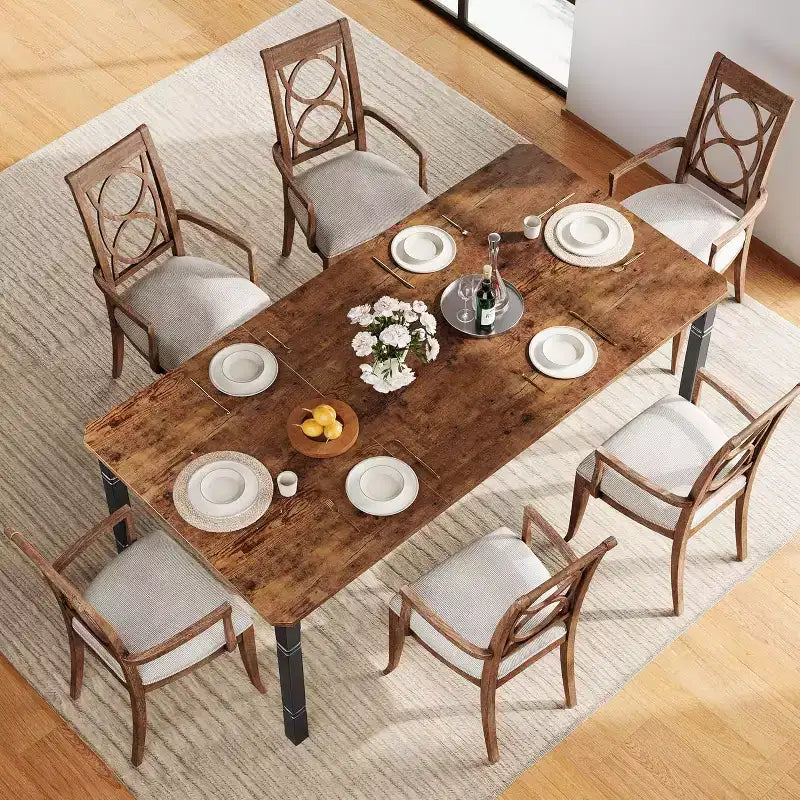 Table à manger longue industrielle pour 6-8 personnes, table de cuisine rectangulaire en bois avec cadre métallique robuste, style ferme moderne pour salle à manger et cuisine.