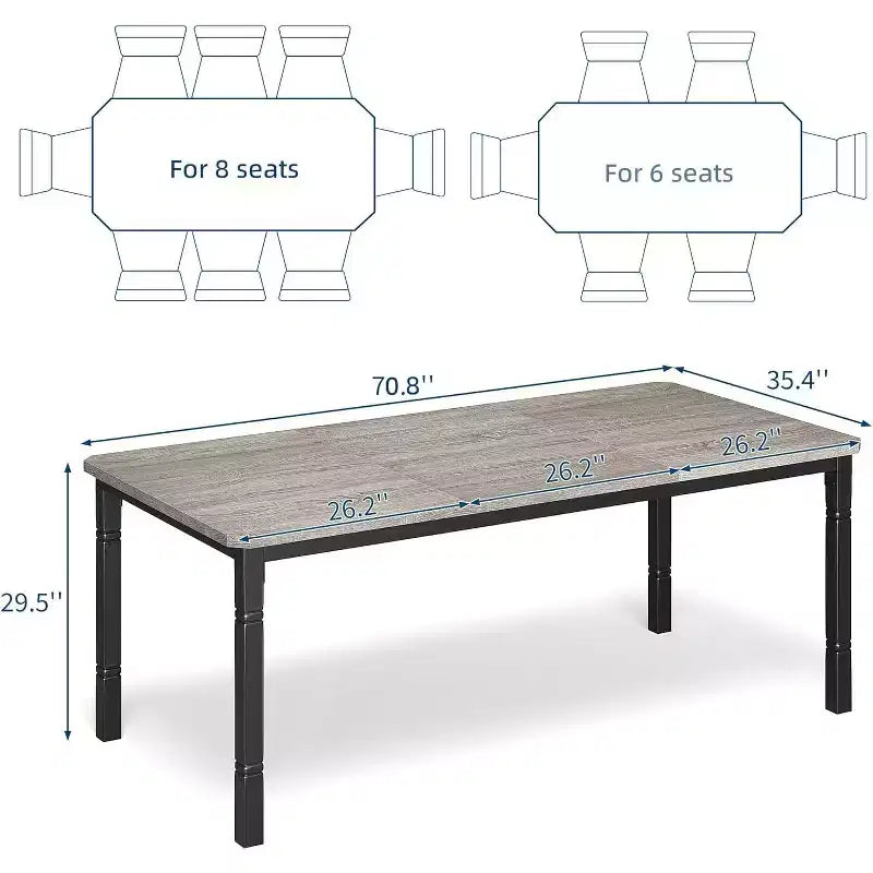 Table à manger longue industrielle pour 6-8 personnes, table de cuisine rectangulaire en bois avec cadre métallique robuste, style ferme moderne pour salle à manger et cuisine.
